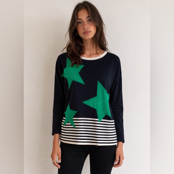 Christopher & Banks Sweaters - Christopher & Banks sz M blue and white striped sweater with green stars